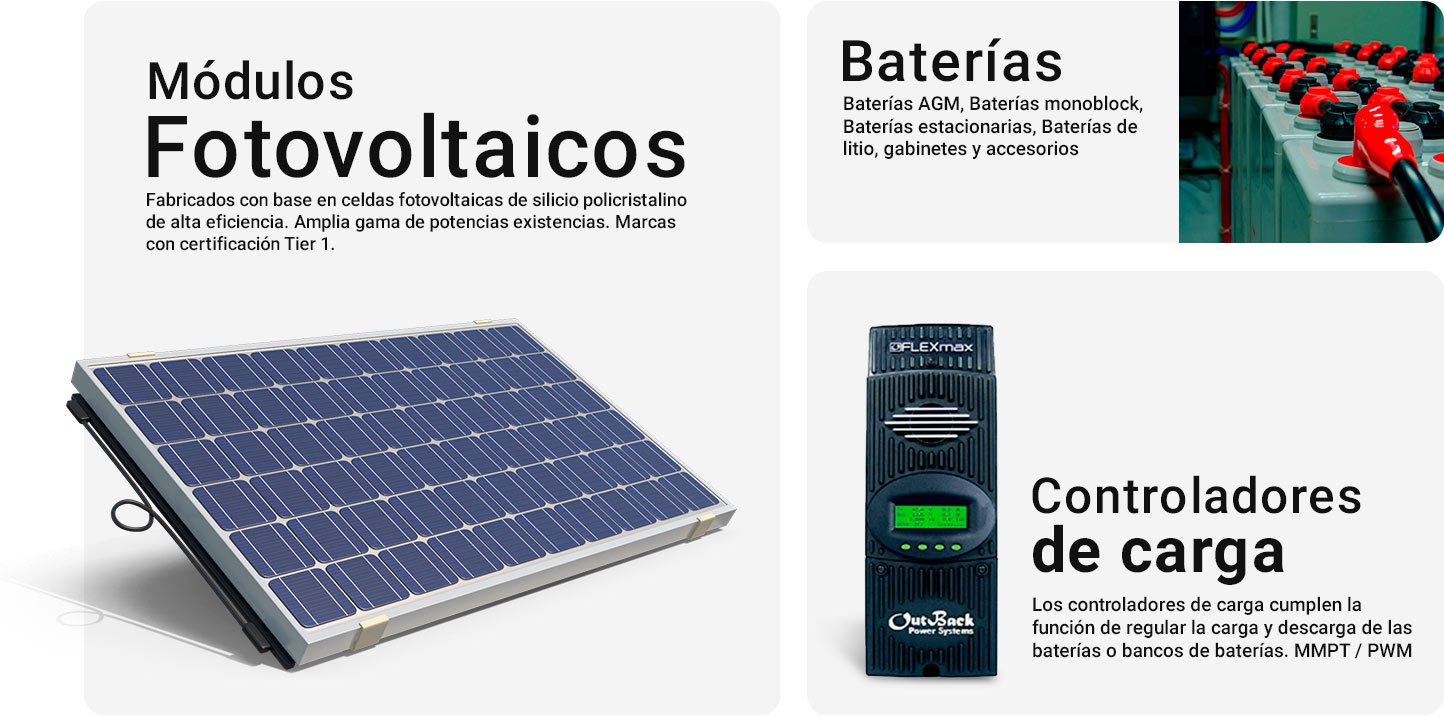 Módulos Fotovoltaicos, baterías, controladores de carga